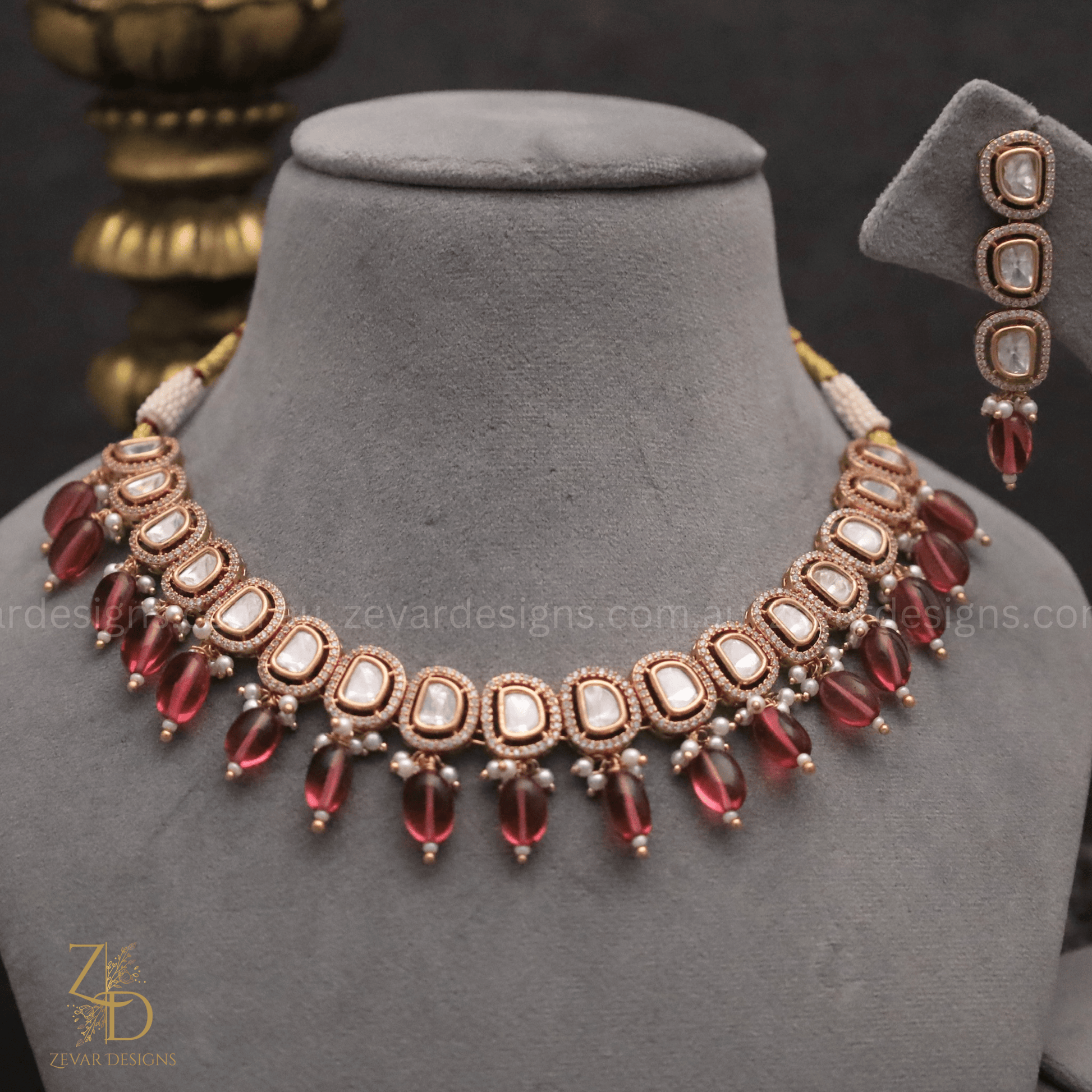 Uncut Polki Lightweight Stylish AD Necklace Set Wine Red