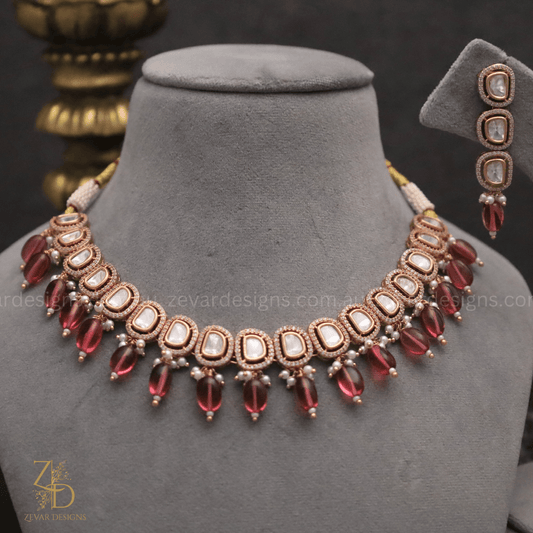 Zevar Designs Necklace Sets Uncut Polki Lightweight & Stylish AD Necklace Set - Wine Red