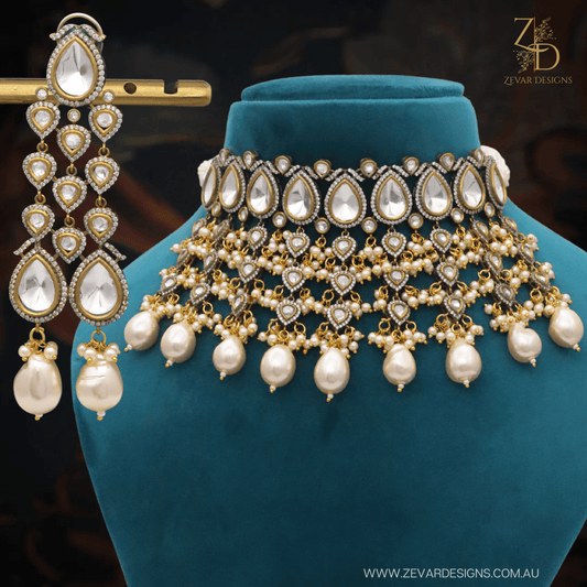 Zevar Designs Necklace Sets Victorian Antique Uncut Polki Choker Set - Pearls