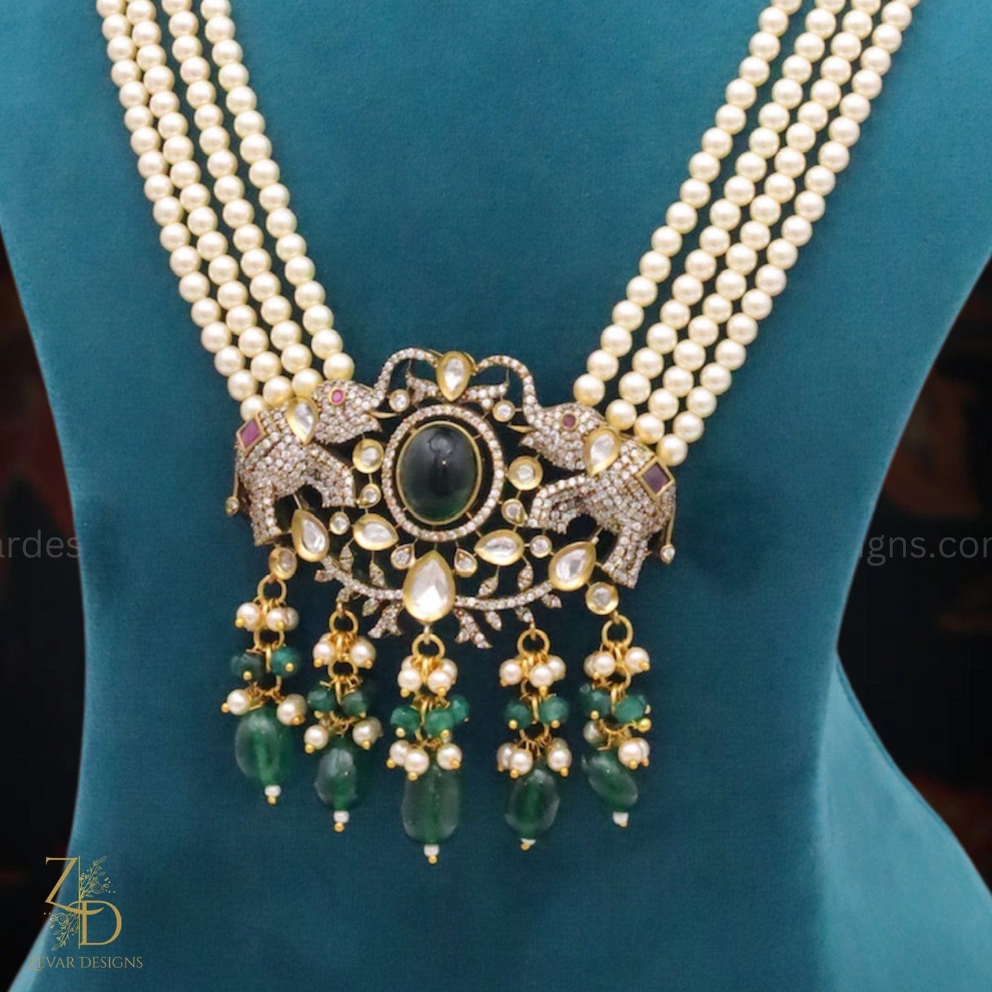 Zevar Designs Long Necklace Sets Victorian Polki & AD Mid Length Long Set - Emerald Green