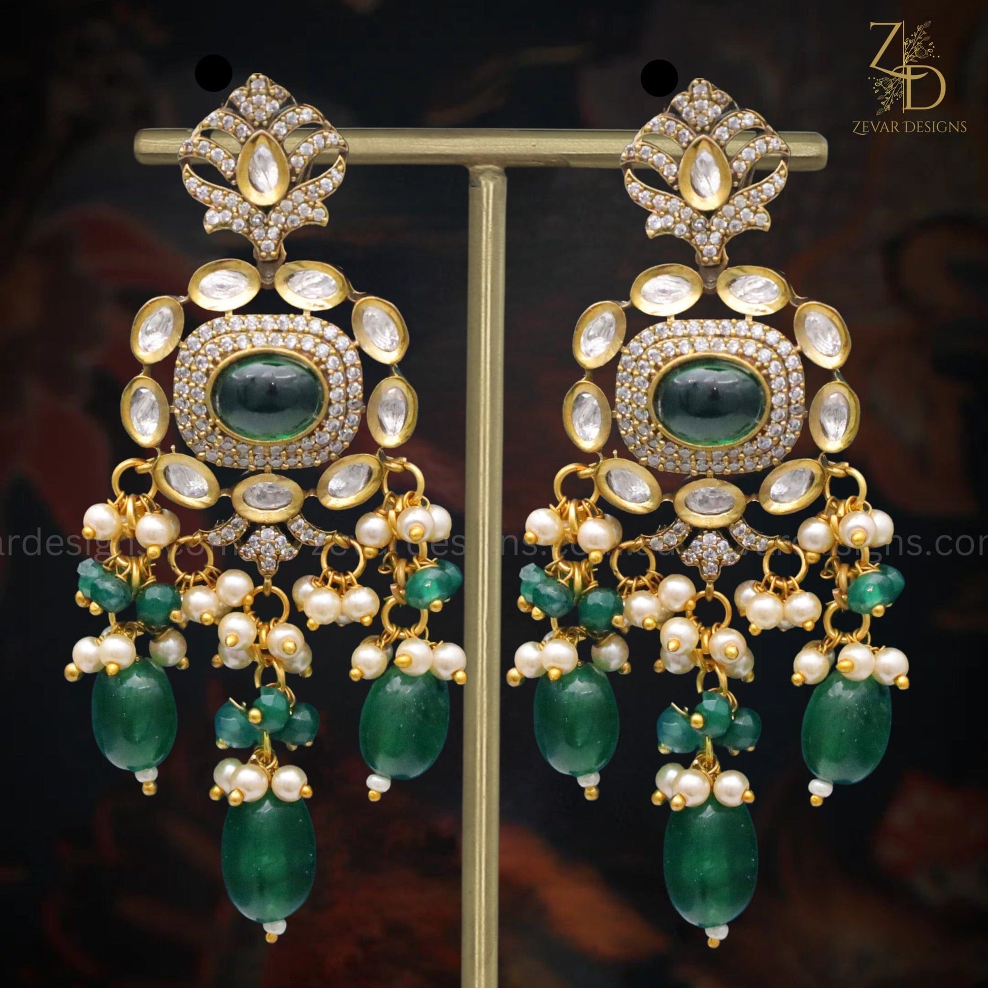Zevar Designs Long Necklace Sets Victorian Polki & AD Mid Length Long Set - Emerald Green