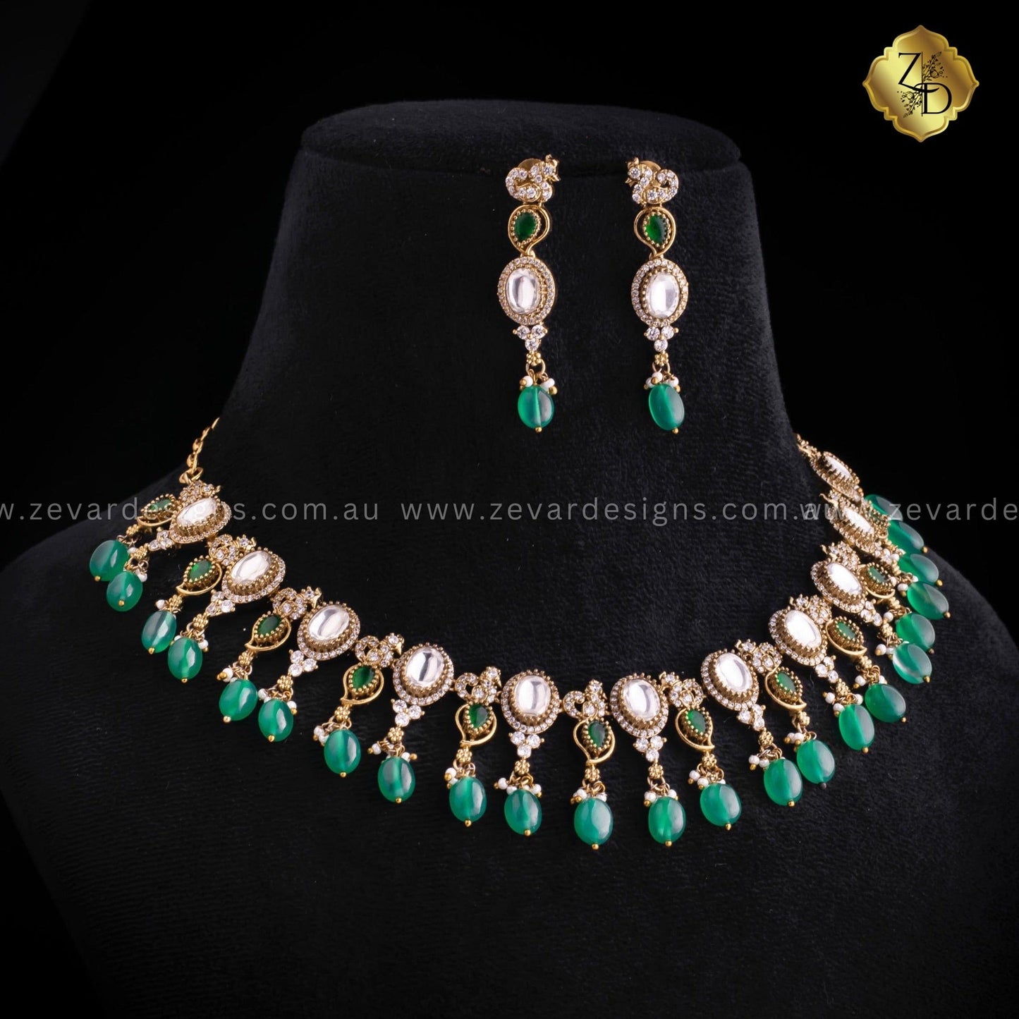 Zevar Designs Necklace Sets Victorian Polki Necklace Set - Emerald Green