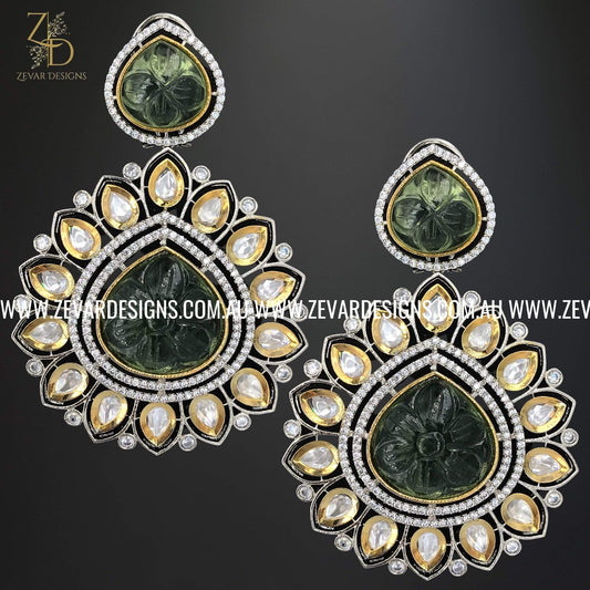 Zevar Designs Kundan Earrings AD and Kundan Polki Earrings with Carved stone - Green