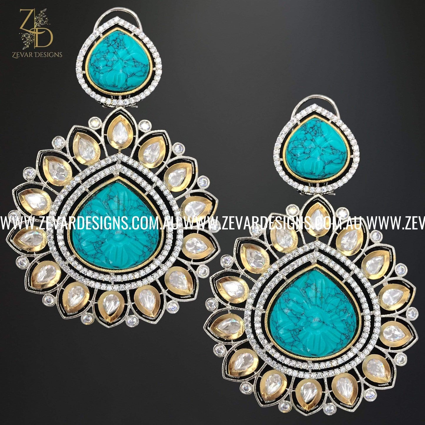 Zevar Designs Kundan Earrings AD and Kundan Polki Earrings with Carved stone - Ocean Blue