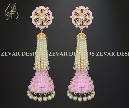 Zevar Designs Kundan Earrings AD and Pearl Jhumki - Pink
