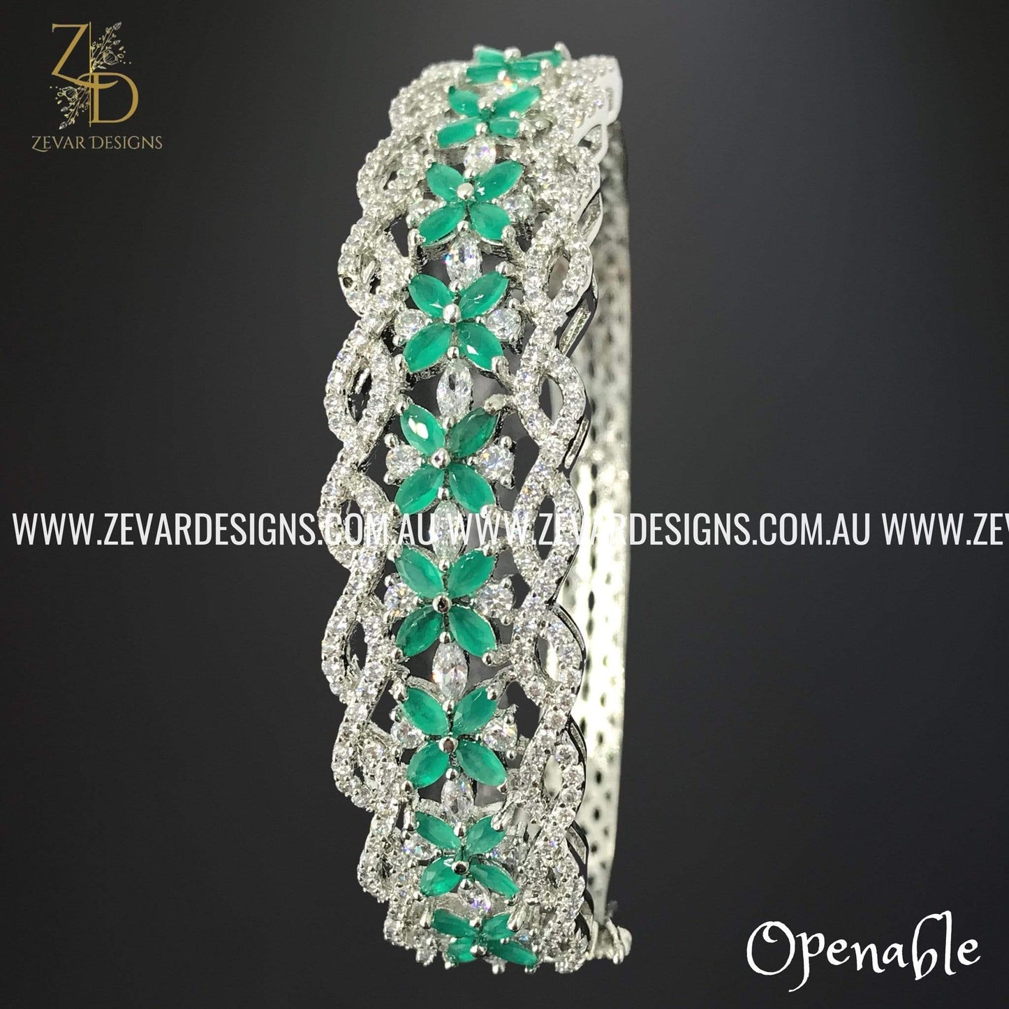 Zevar Designs Bangles & Bracelets AD Bracelet in White Rhodium and Emerald Green