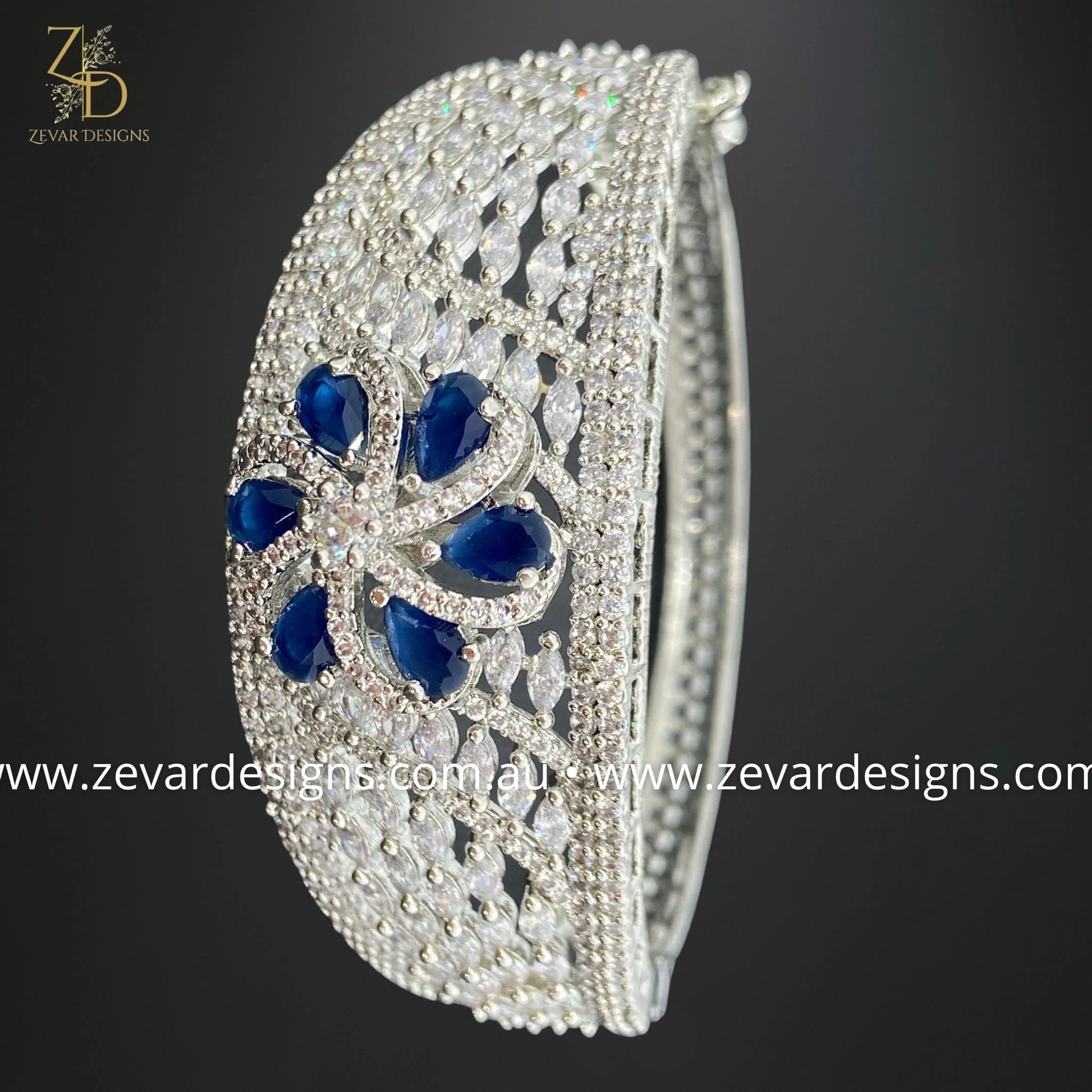 Zevar Designs Bangles & Bracelets - AD AD Bracelet in White Rhodium and Sapphire Blue