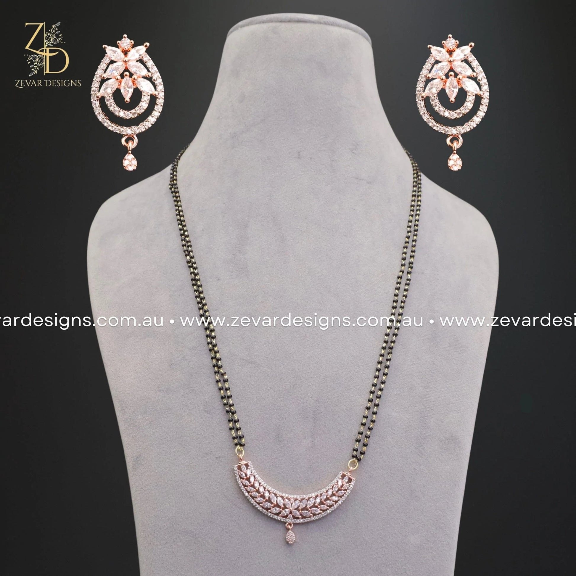 Zevar Designs Mangalsutra AD/Zircon  and Earrings Set - Rose Gold
