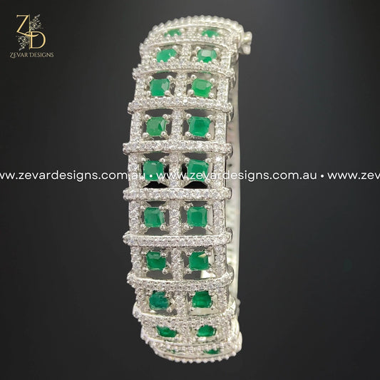 Zevar Designs Bangles & Bracelets - AD AD/Zircon Bracelet in White Rhodium - Green