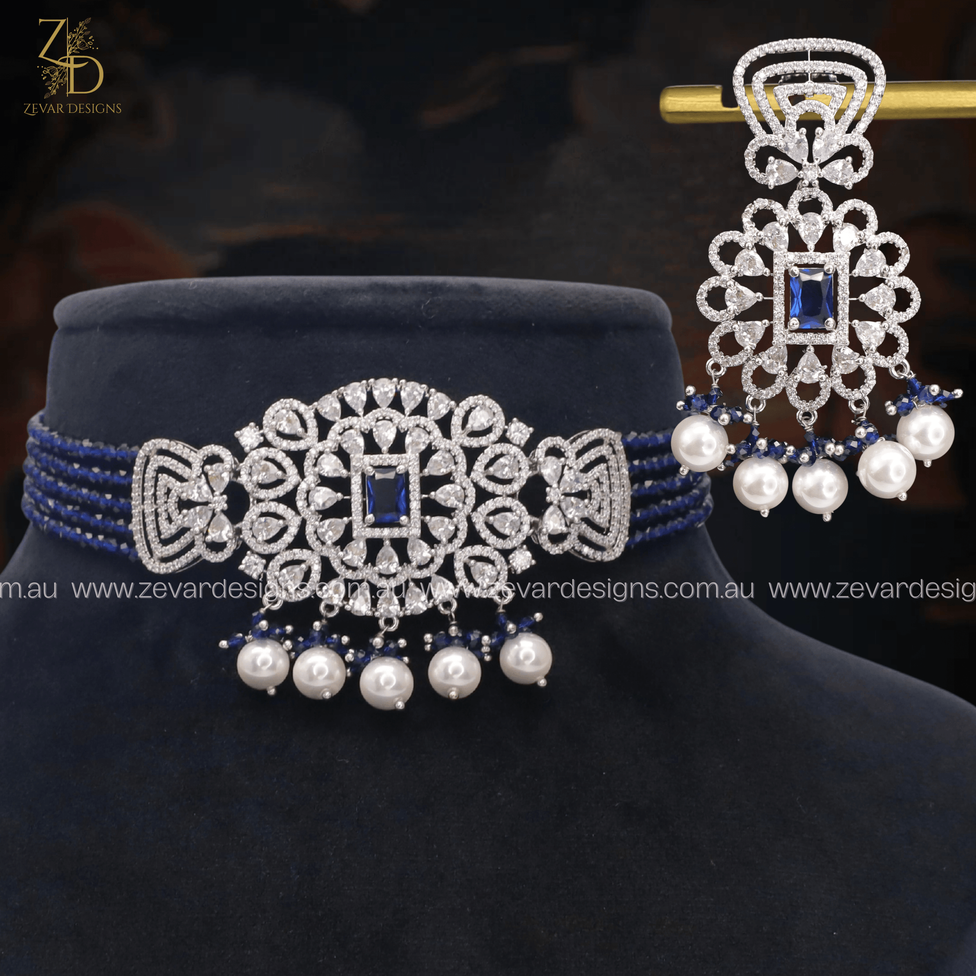 Zevar Designs Necklace Sets - AD AD/Zircon Choker Set - Blue