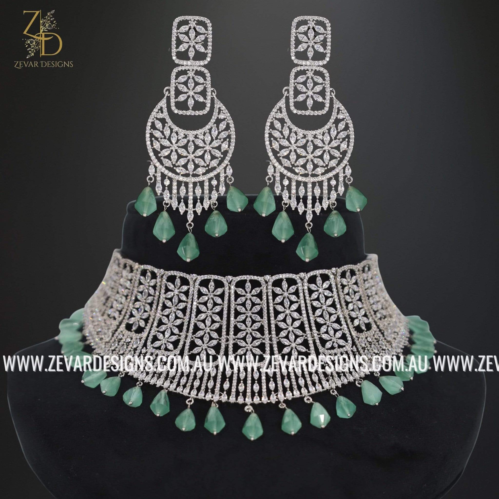 Zevar Designs Designer Necklace Sets Zircon Choker Set - Mint
