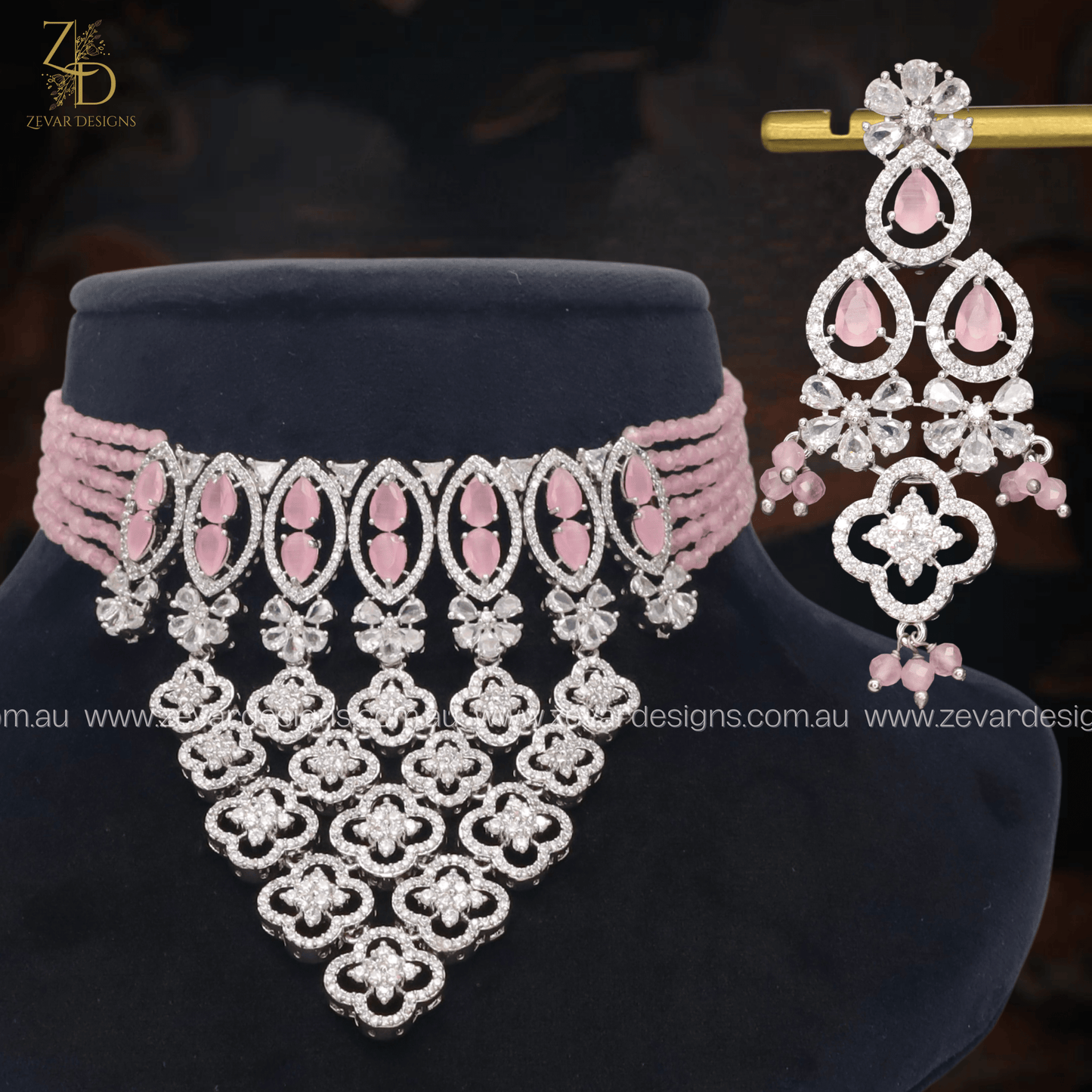 Zevar Designs Necklace Sets - AD AD/Zircon Choker Set - Pink
