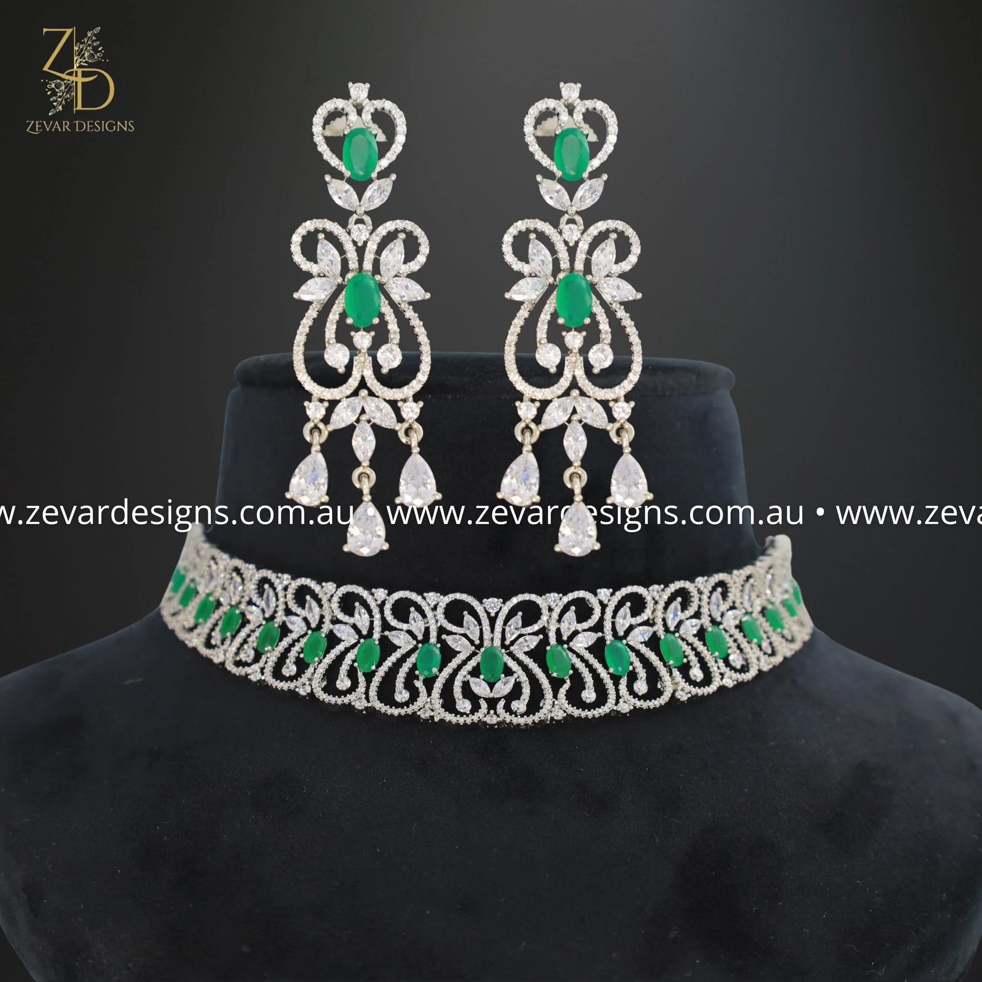 Zevar Designs Necklace Sets - AD AD/Zircon Choker Set - White Rhodium and Green