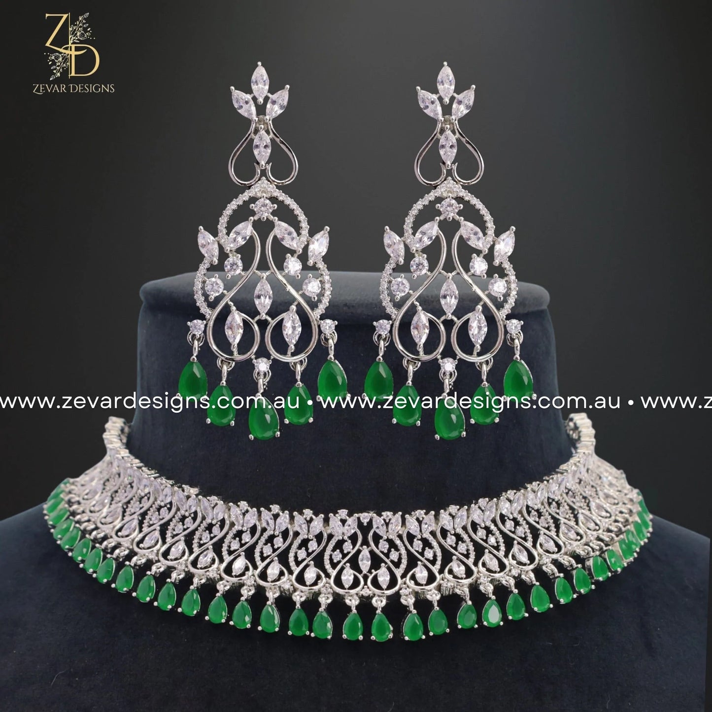 Zevar Designs Necklace Sets - AD AD/Zircon Choker Set - White Rhodium and Green