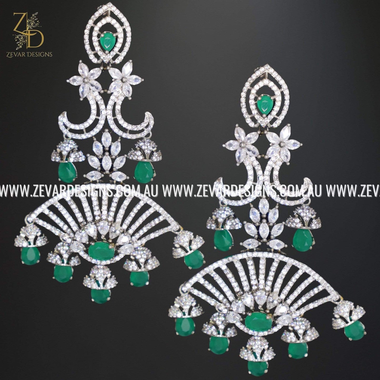 Zevar Designs Indo-Western Earrings AD/Zircon Earrings - Emerald Green
