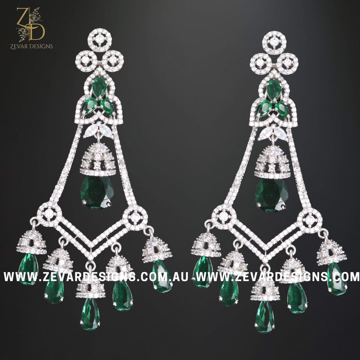 Zevar Designs Indo-Western Earrings Zircon/AD Earrings - Emerald Green