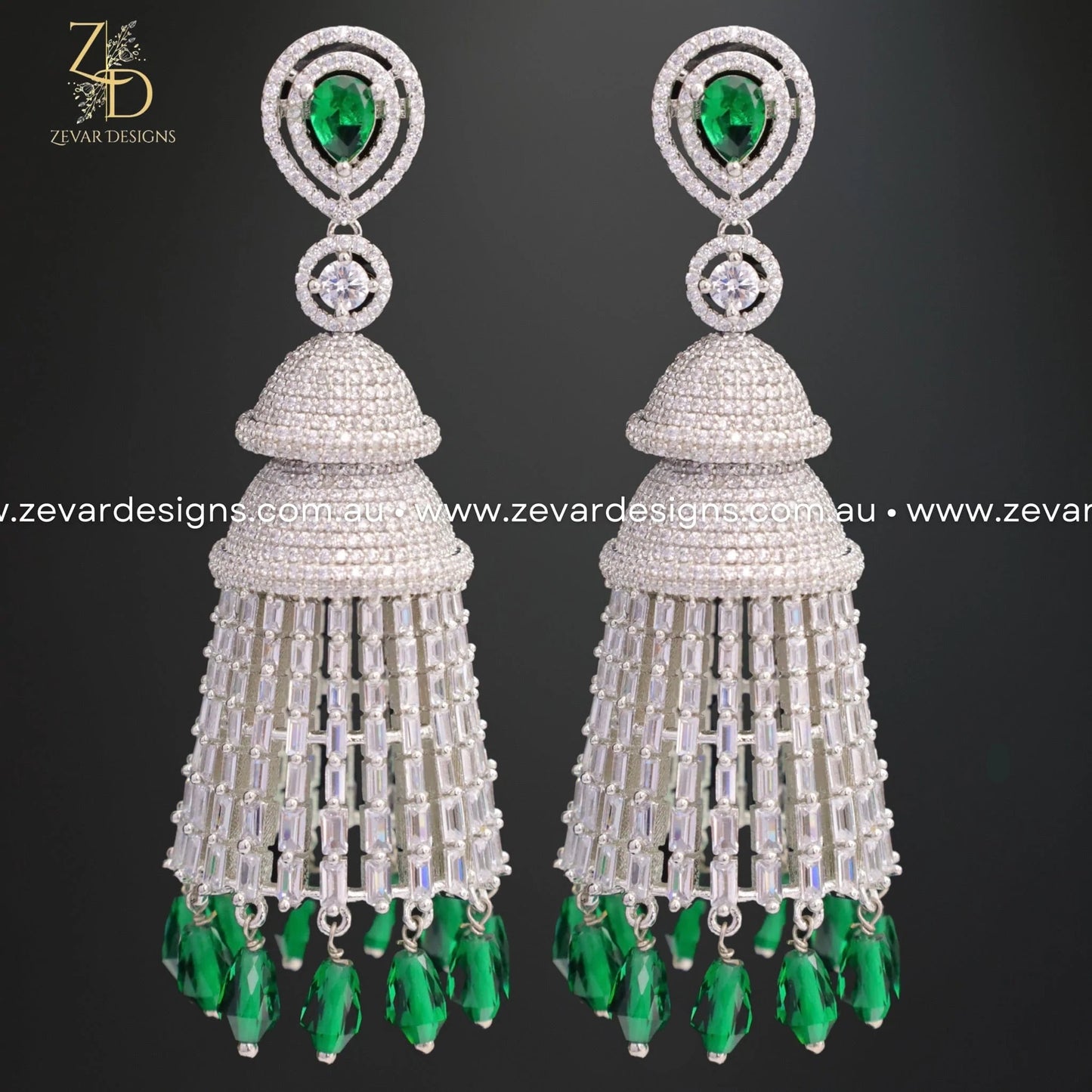 Zevar Designs Indo-Western Earrings AD/Zircon Earrings in Emerald Green