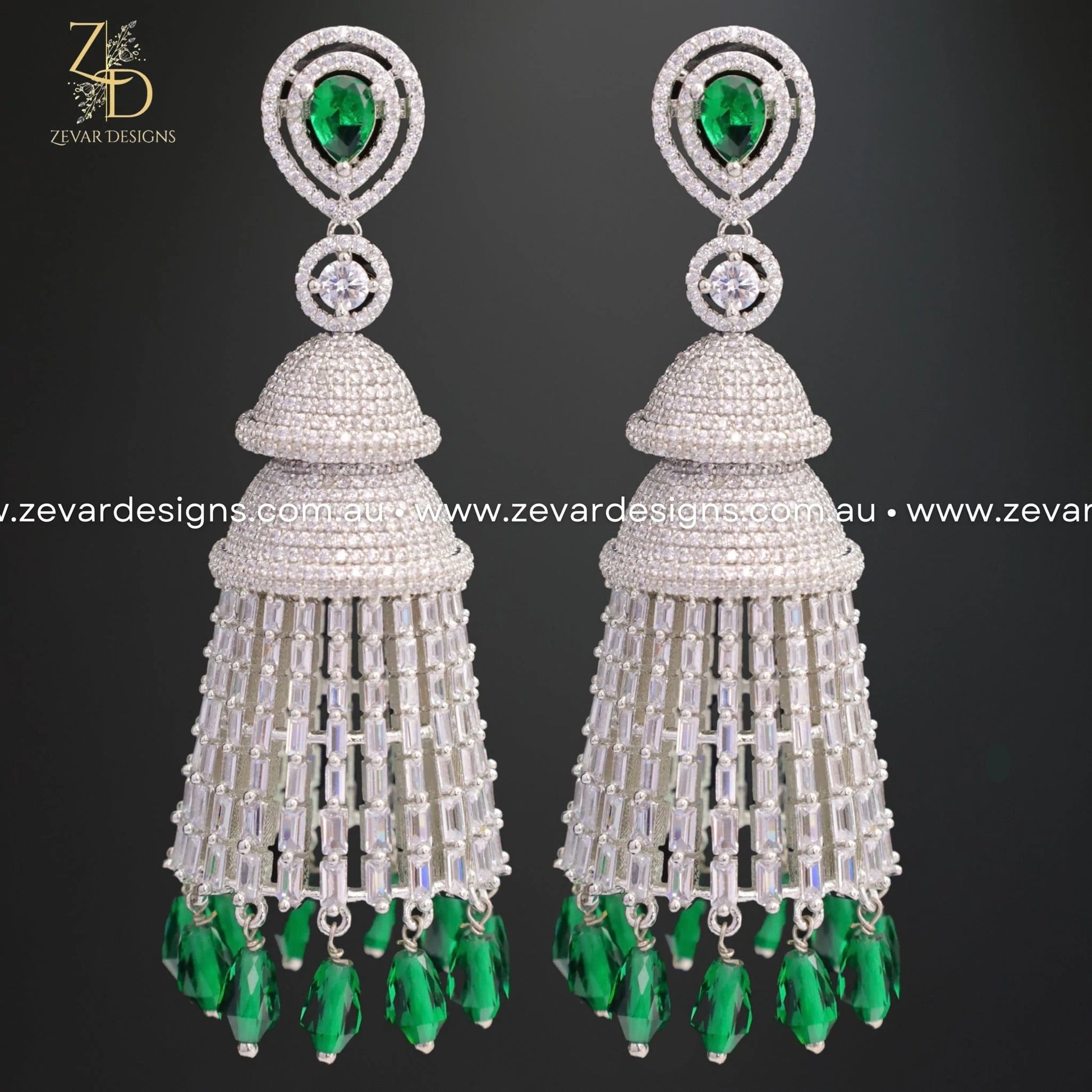 Zevar Designs Indo-Western Earrings AD/Zircon Earrings in Emerald Green