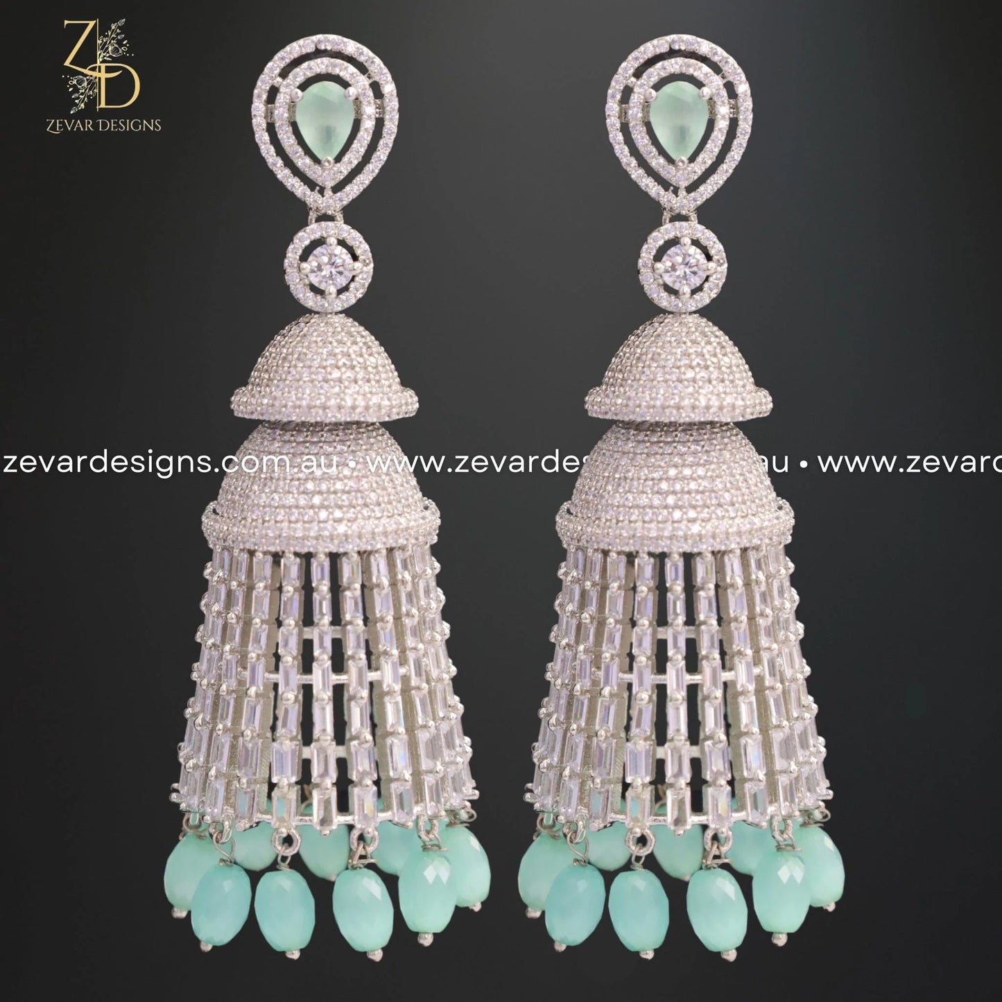 Zevar Designs Indo-Western Earrings AD/Zircon Earrings in Mint