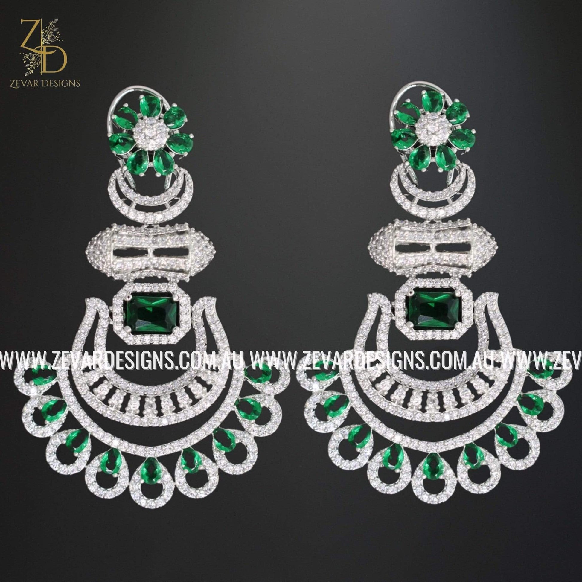 Zevar Designs Indo-Western Earrings Zirconia Earrings - White Rhodium and Green