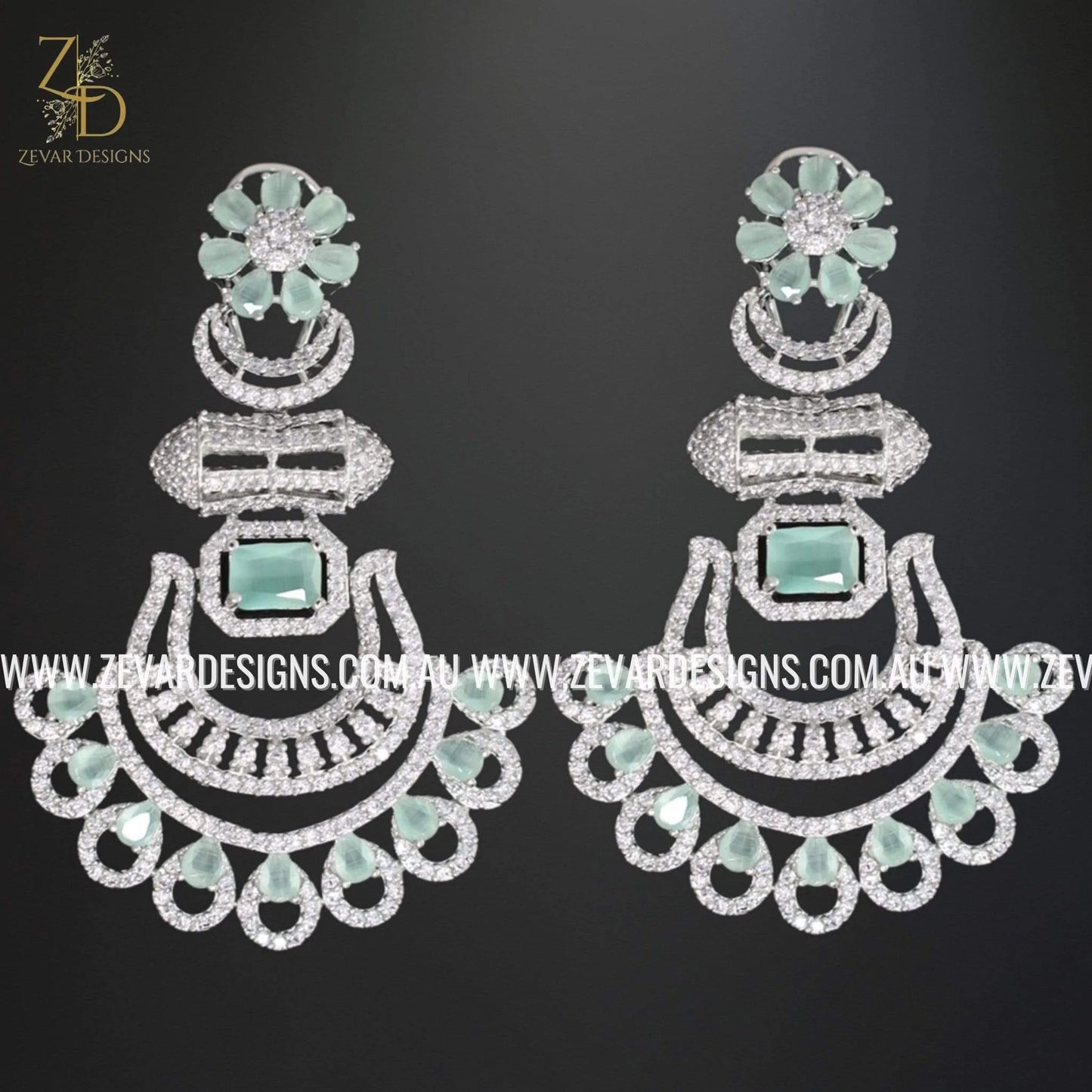 Zevar Designs Indo-Western Earrings Zirconia Earrings - White Rhodium and Mint