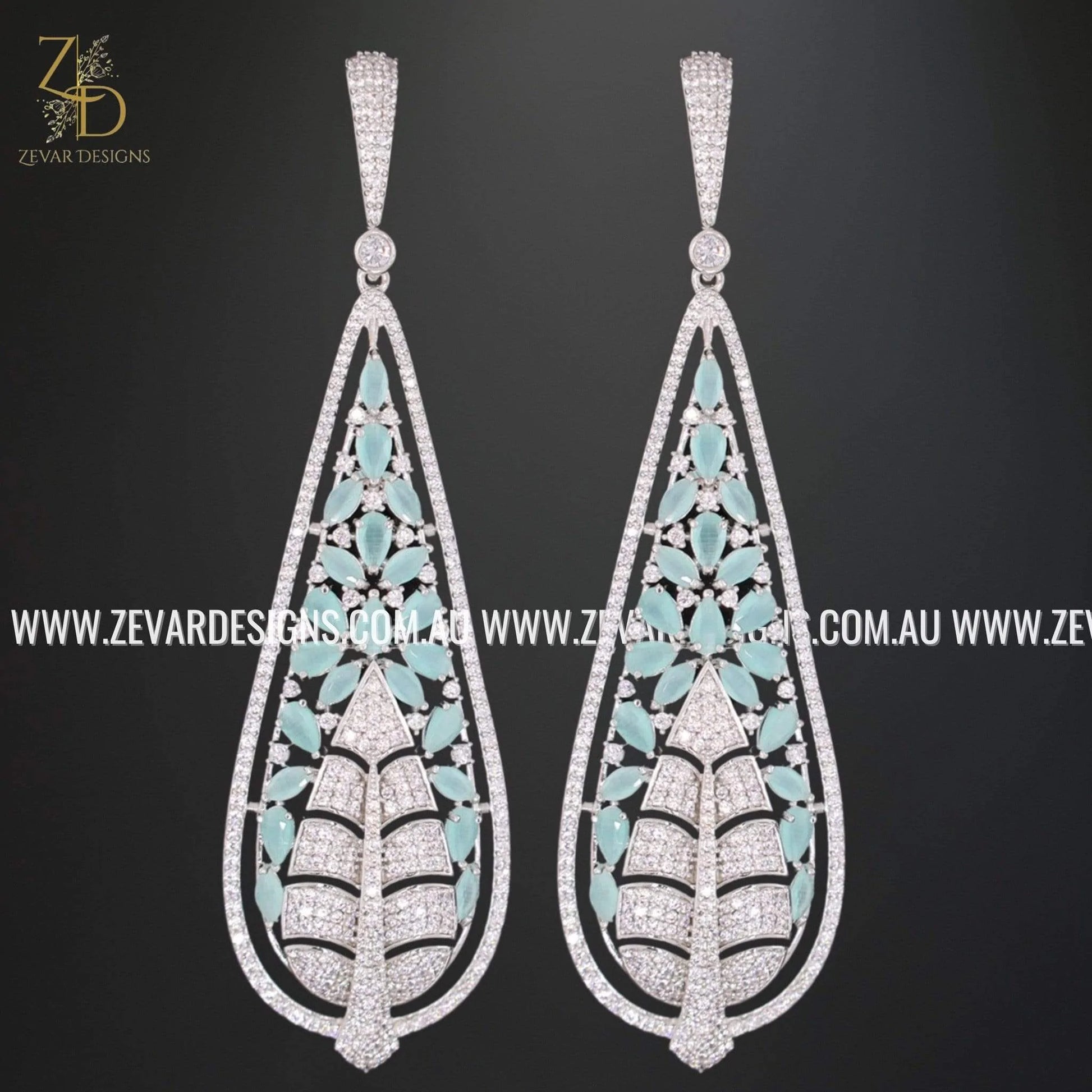 Zevar Designs Indo-Western Earrings Zirconia Earrings - White Rhodium and Ocean Blue