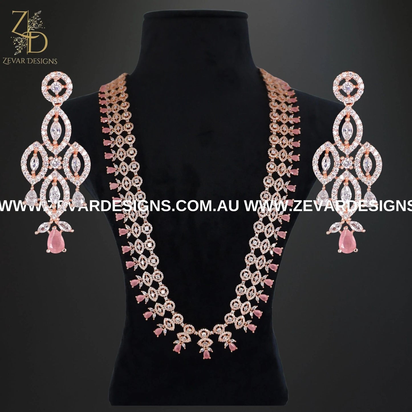 Zevar Designs Necklace Sets - AD AD/Zircon Long Necklace Set - Pink and Rose Gold