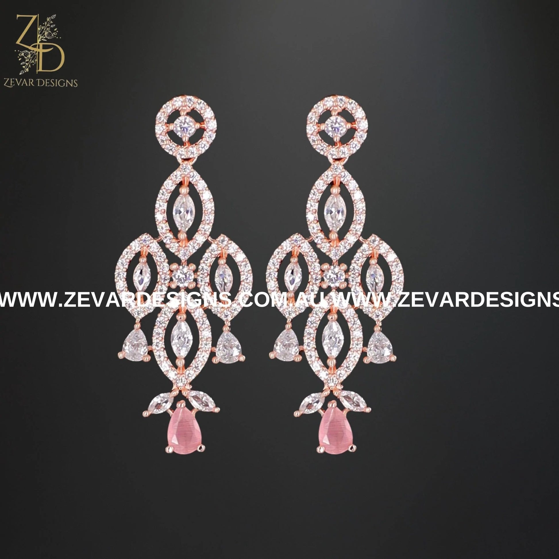 Zevar Designs Necklace Sets - AD AD/Zircon Long Necklace Set - Pink and Rose Gold