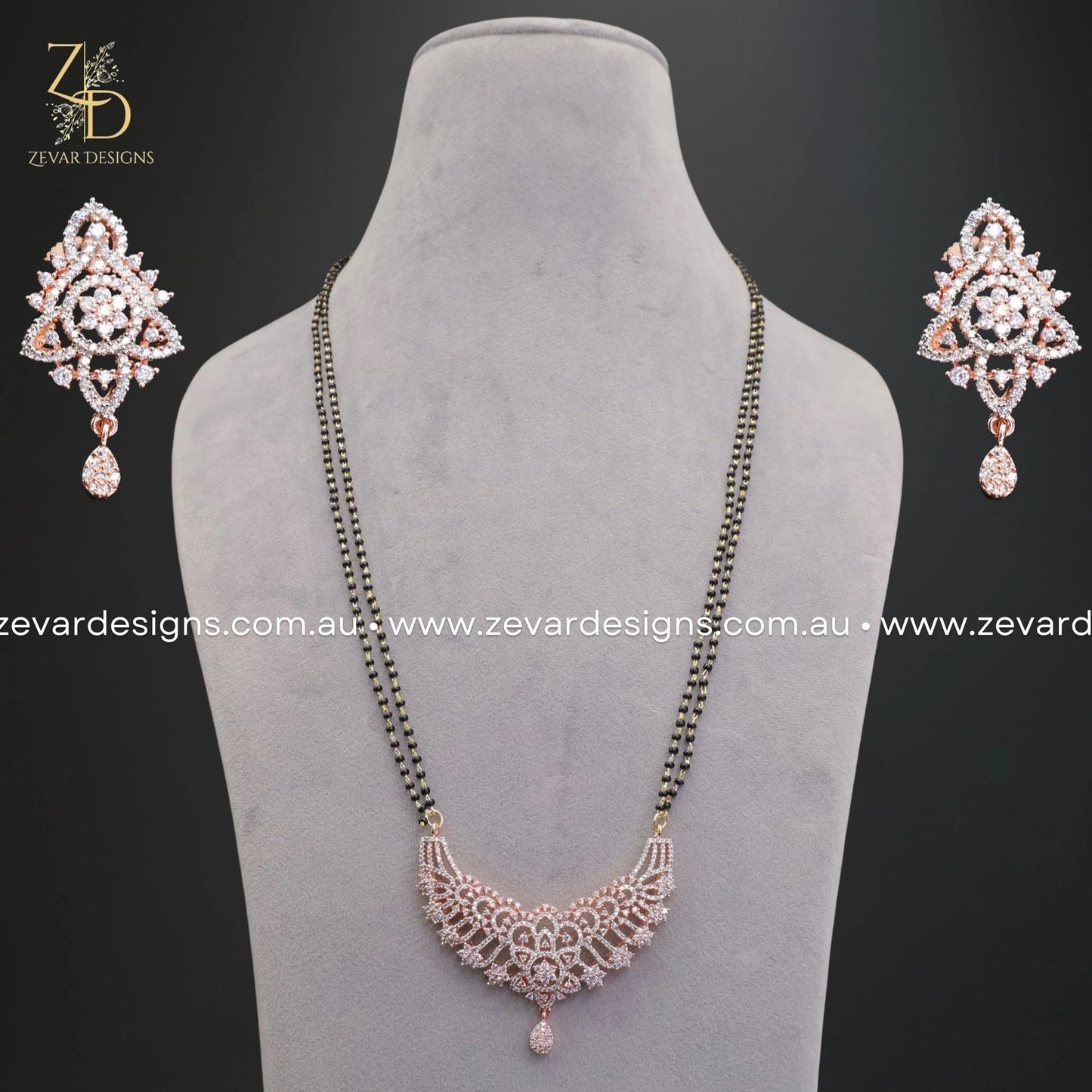 Zevar Designs Mangalsutra AD/Zircon Mangalsutra and Earrings Set - Rose Gold