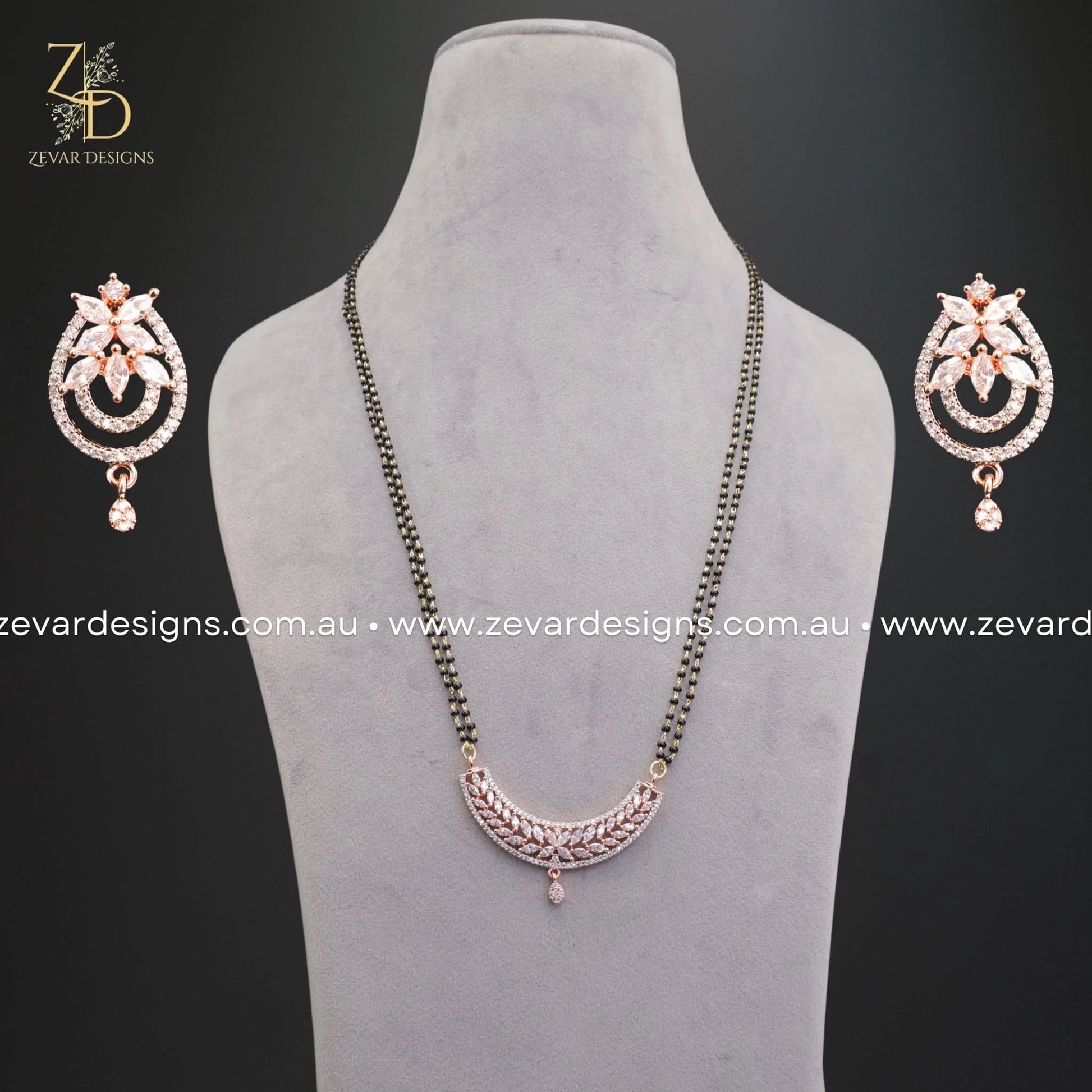 AD Zircon Mangalsutra and Earrings Set Rose Gold Zevar Designs