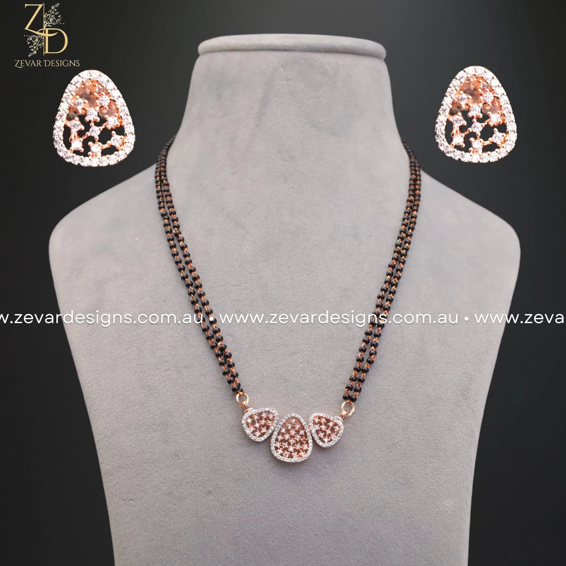 Zevar Designs Mangalsutra AD/Zircon Mangalsutra and Earrings Set - Rose Gold