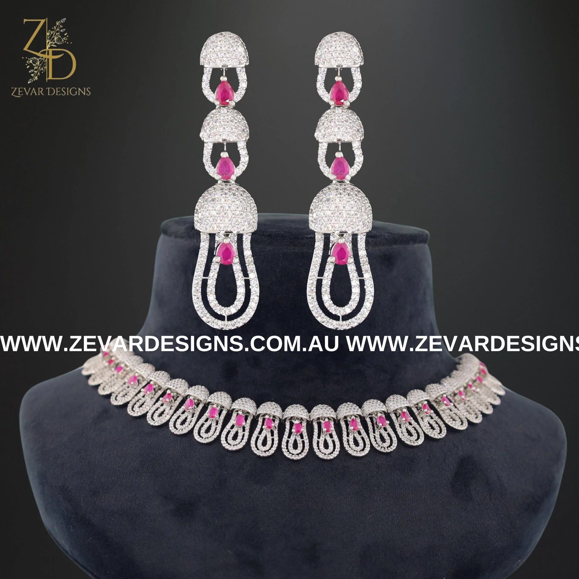Zevar Designs Necklace Sets - AD AD/Zircon Necklace Set - White Rhodium and Ruby