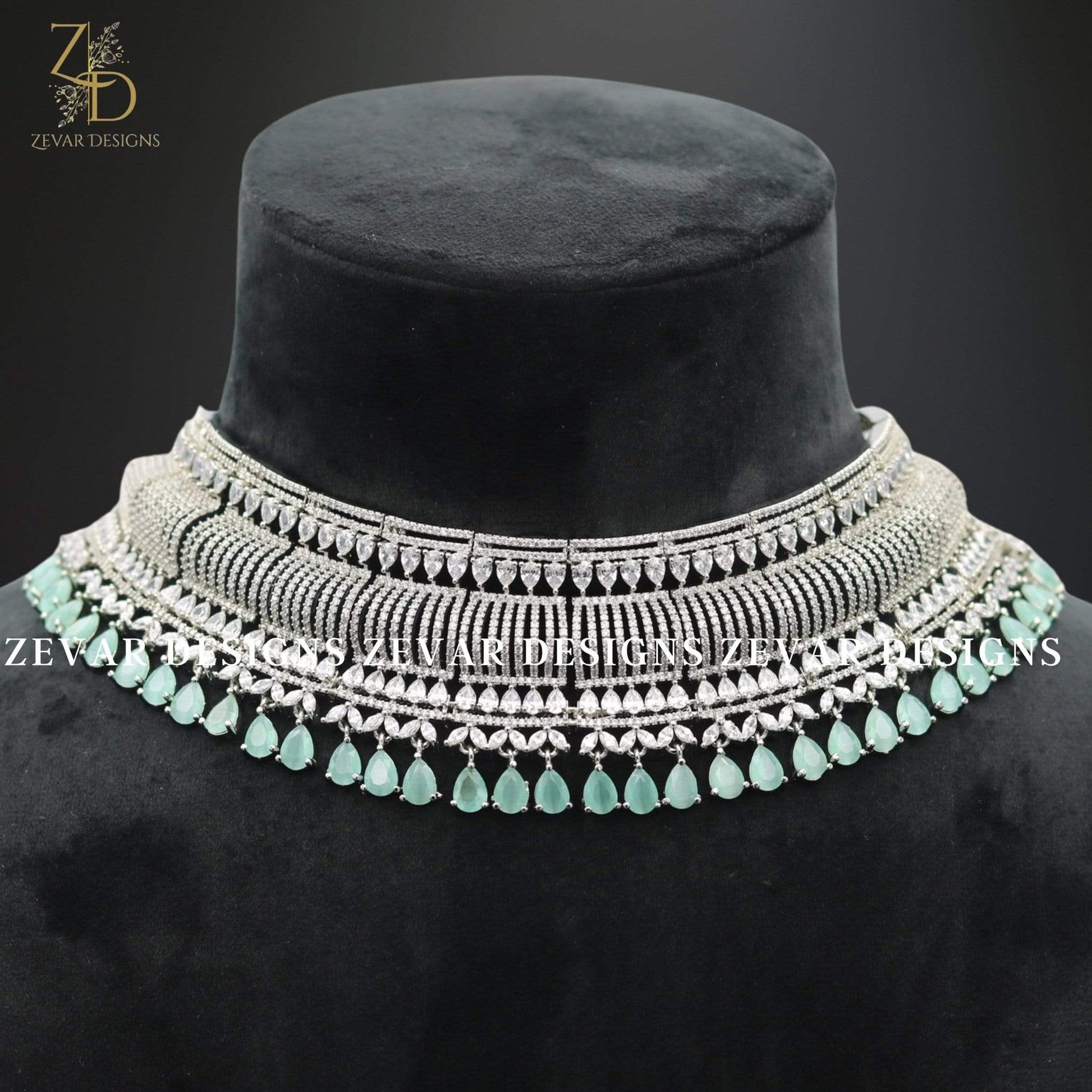 Zevar Designs Zircon Necklace Zircon Necklace Set with Tikka - Mint