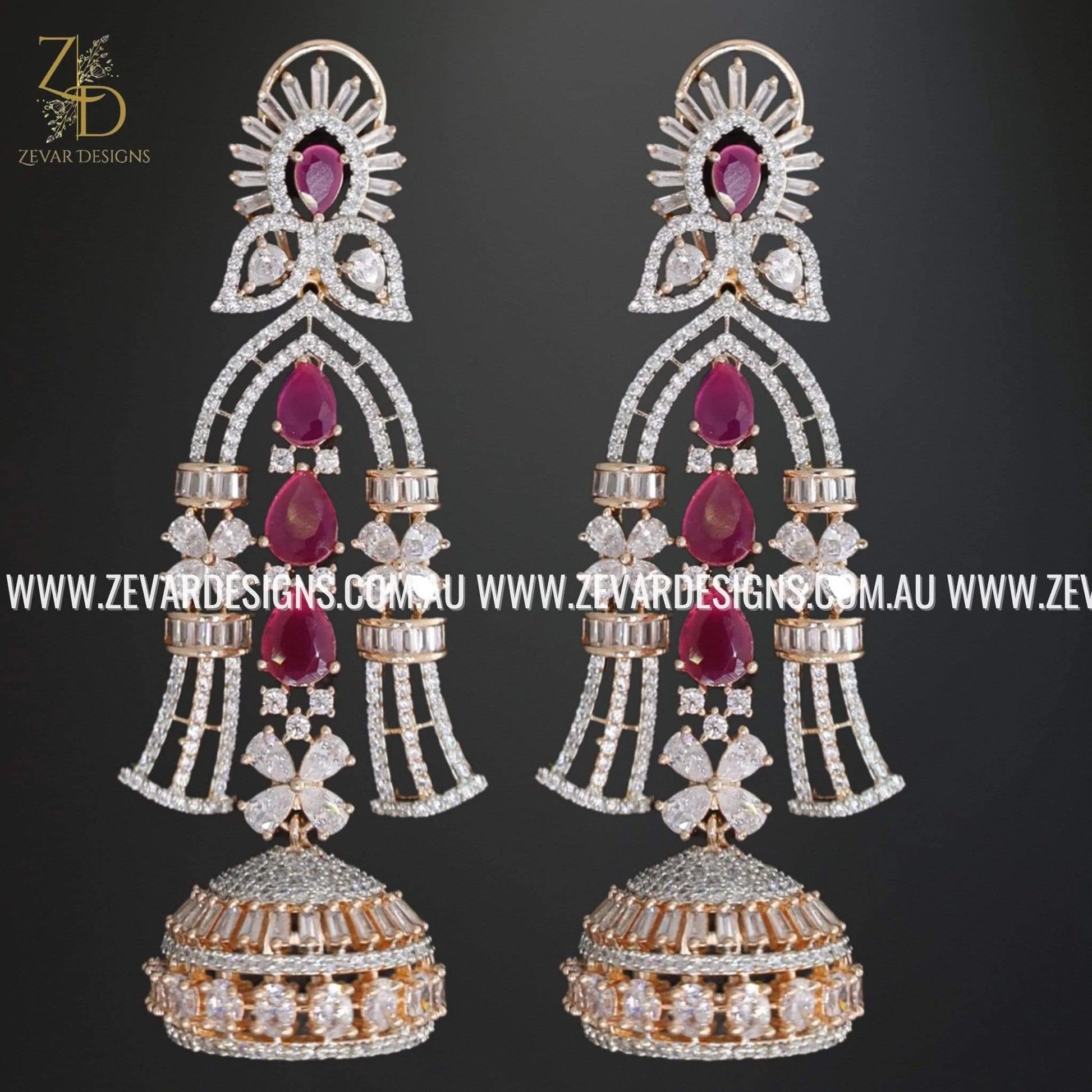 Zevar Designs Indo-Western Earrings Zirconia Statement Earrings - Gold and Ruby