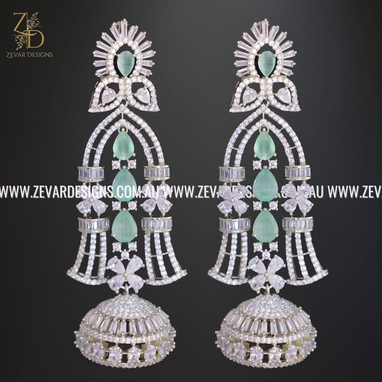Zevar Designs Indo-Western Earrings Zirconia Statement Earrings - White Rhodium and Mint