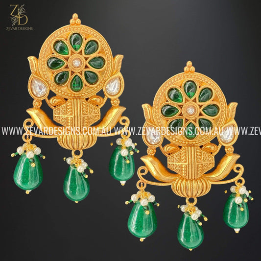 Zevar Designs Kundan Earrings Amrapali Kundan Earrings with Carved stone - Green Drops
