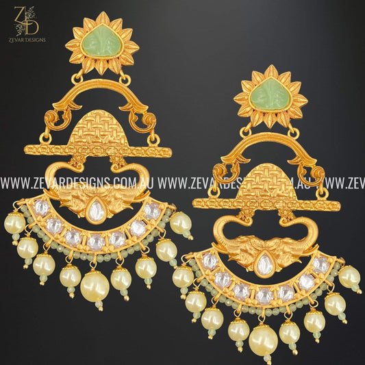 Zevar Designs Kundan Earrings Amrapali Kundan Earrings with Carved stone - Mint Green