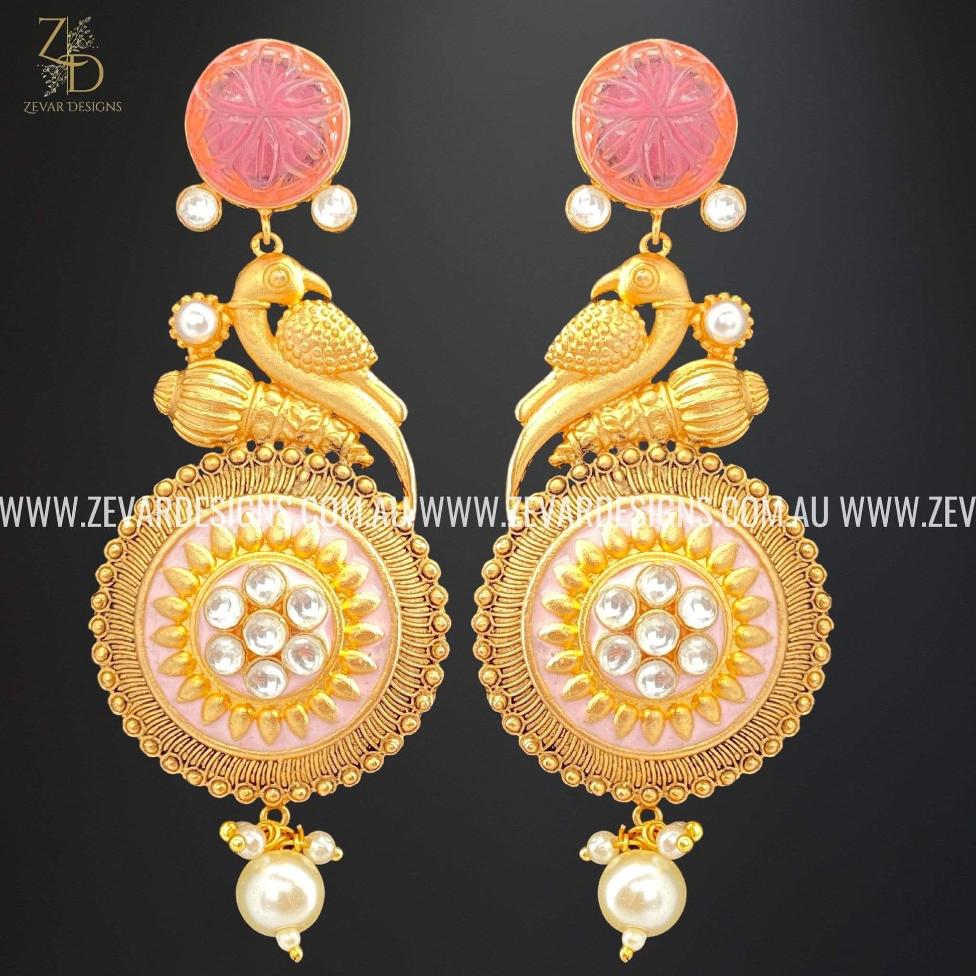 Amrapali Kundan Earrings with Pink Carved stone