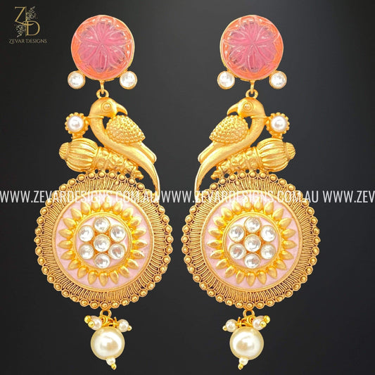 Zevar Designs Kundan Earrings Amrapali Kundan Earrings with Pink Carved stone