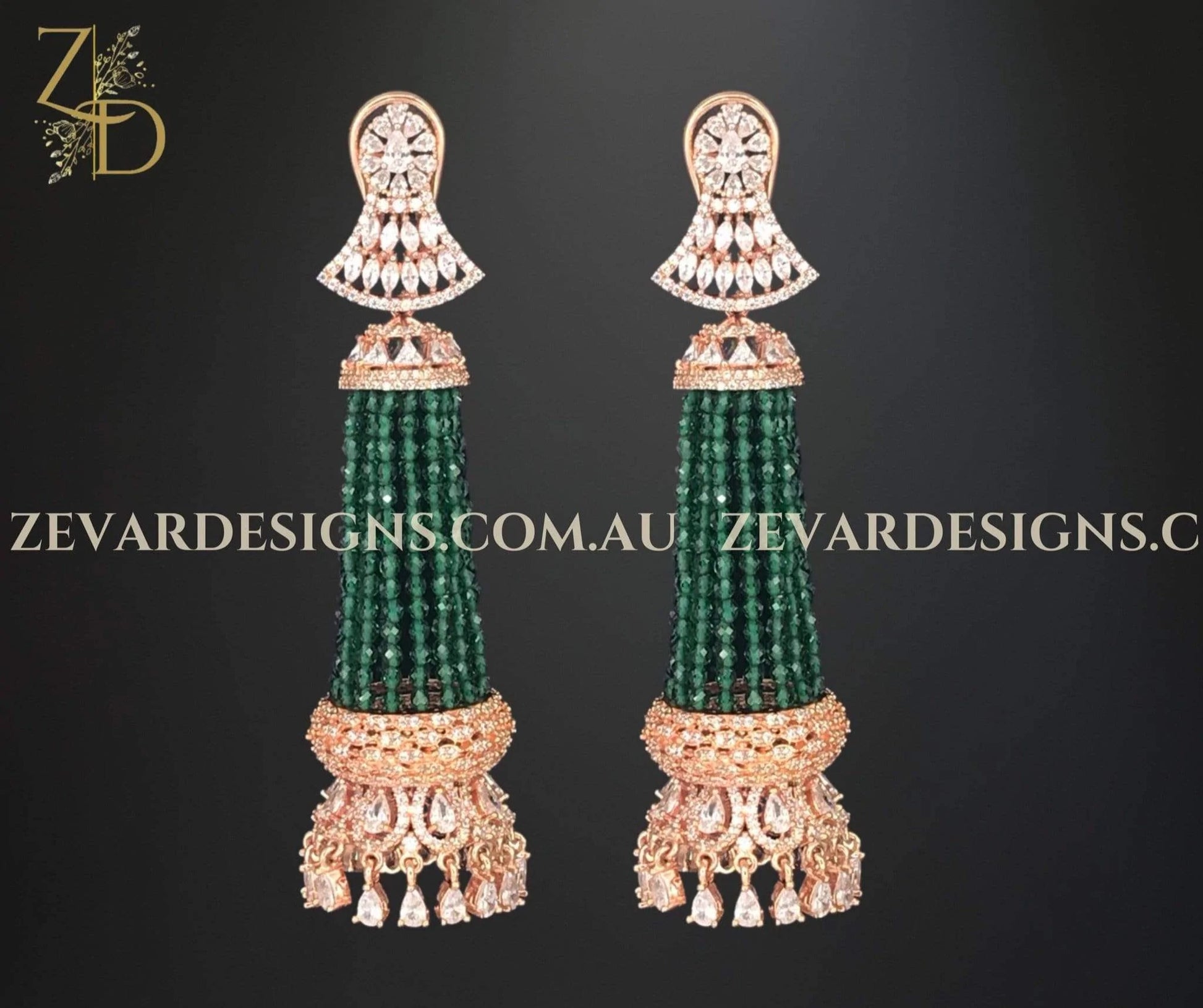 Zevar Designs Zircon Earrings Chandelier Earrings - Emerald Green and Gold