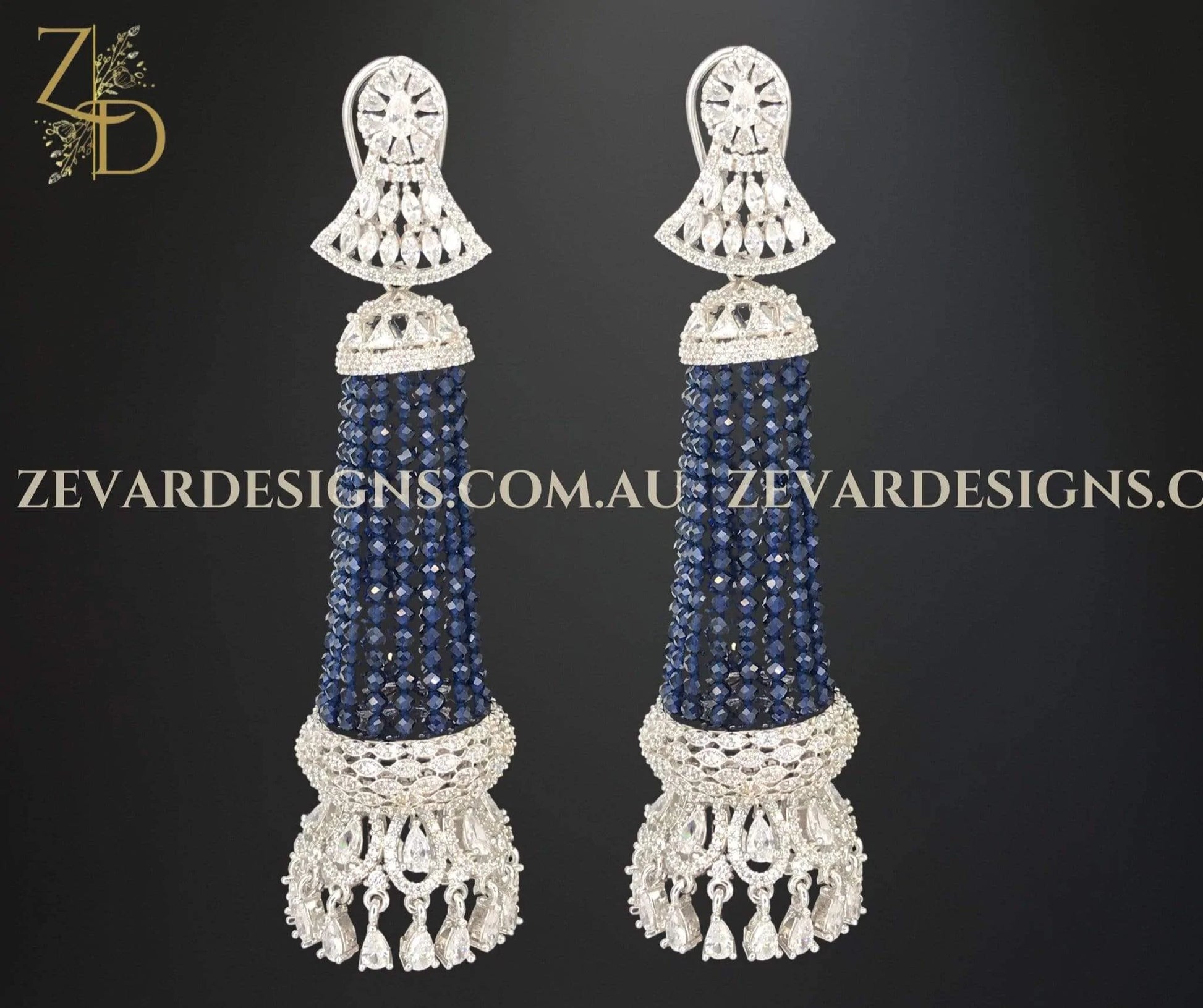 Zevar Designs Zircon Earrings Chandelier Earrings in Silver and Blue