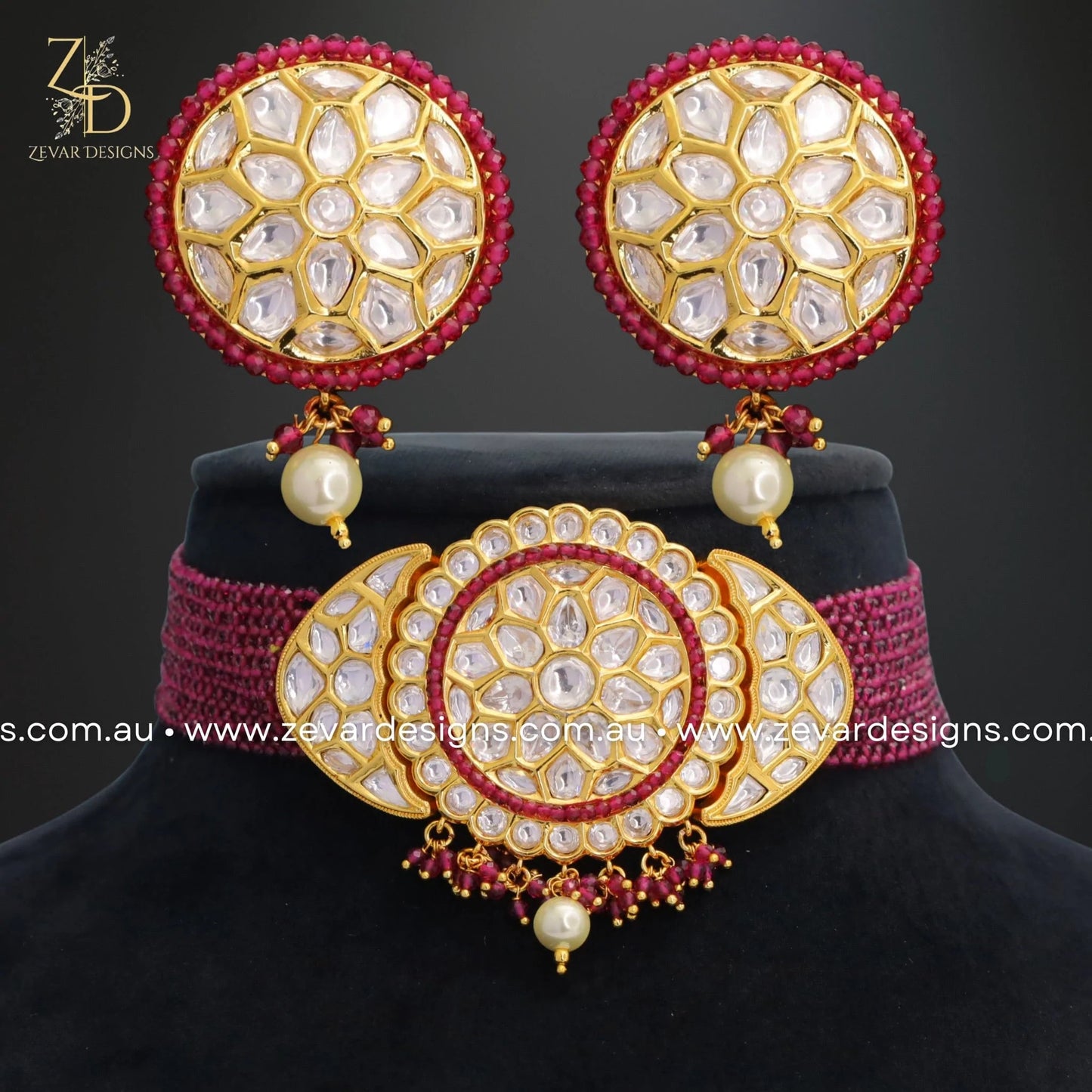 Zevar Designs Necklace Sets Choker Set in Kundan Polki - Red