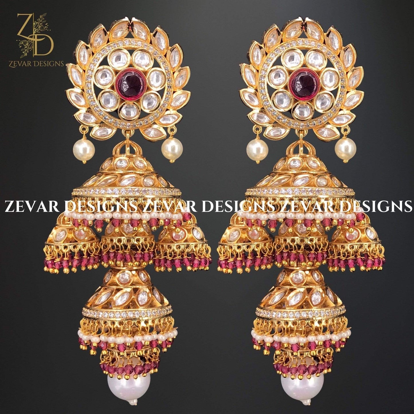 Zevar Designs Jhumki Designer Kundan Earrings - Ruby Red