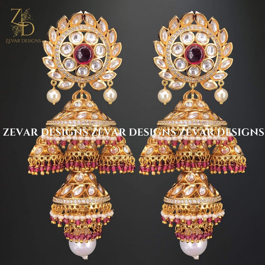 Zevar Designs Jhumki Designer Kundan Earrings - Ruby Red