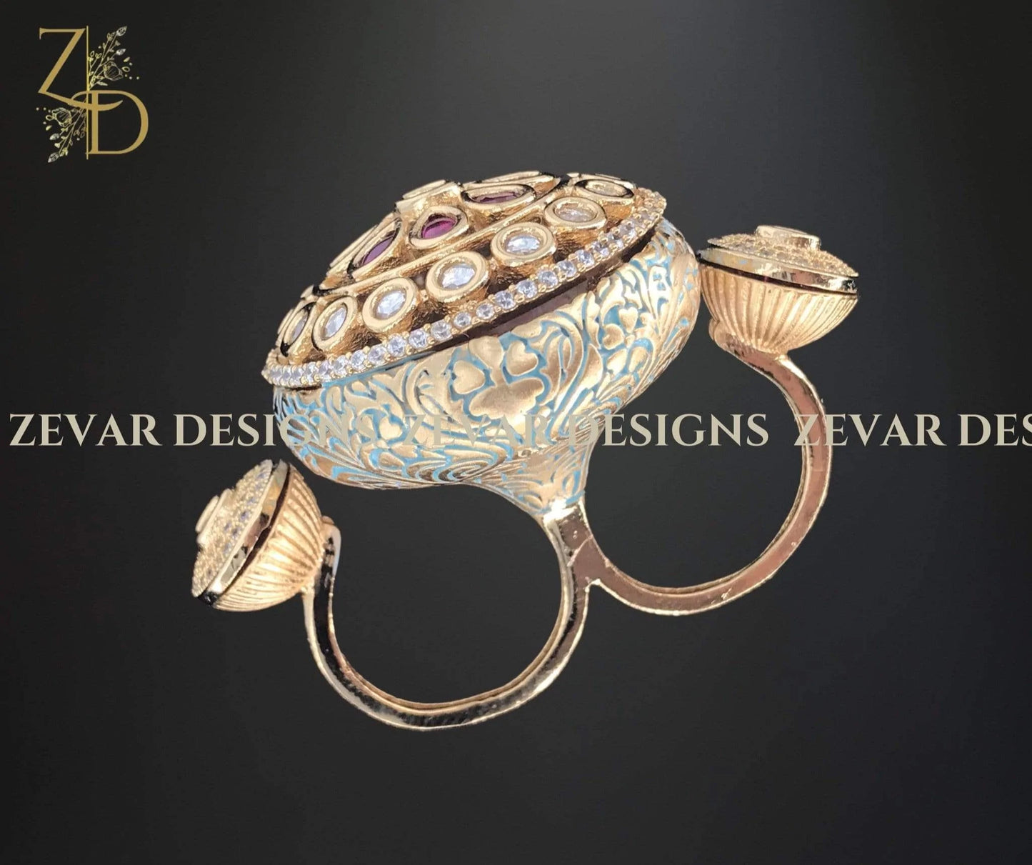 Zevar Designs Kundan Rings Designer Kundan Meena Double Ring - Blue