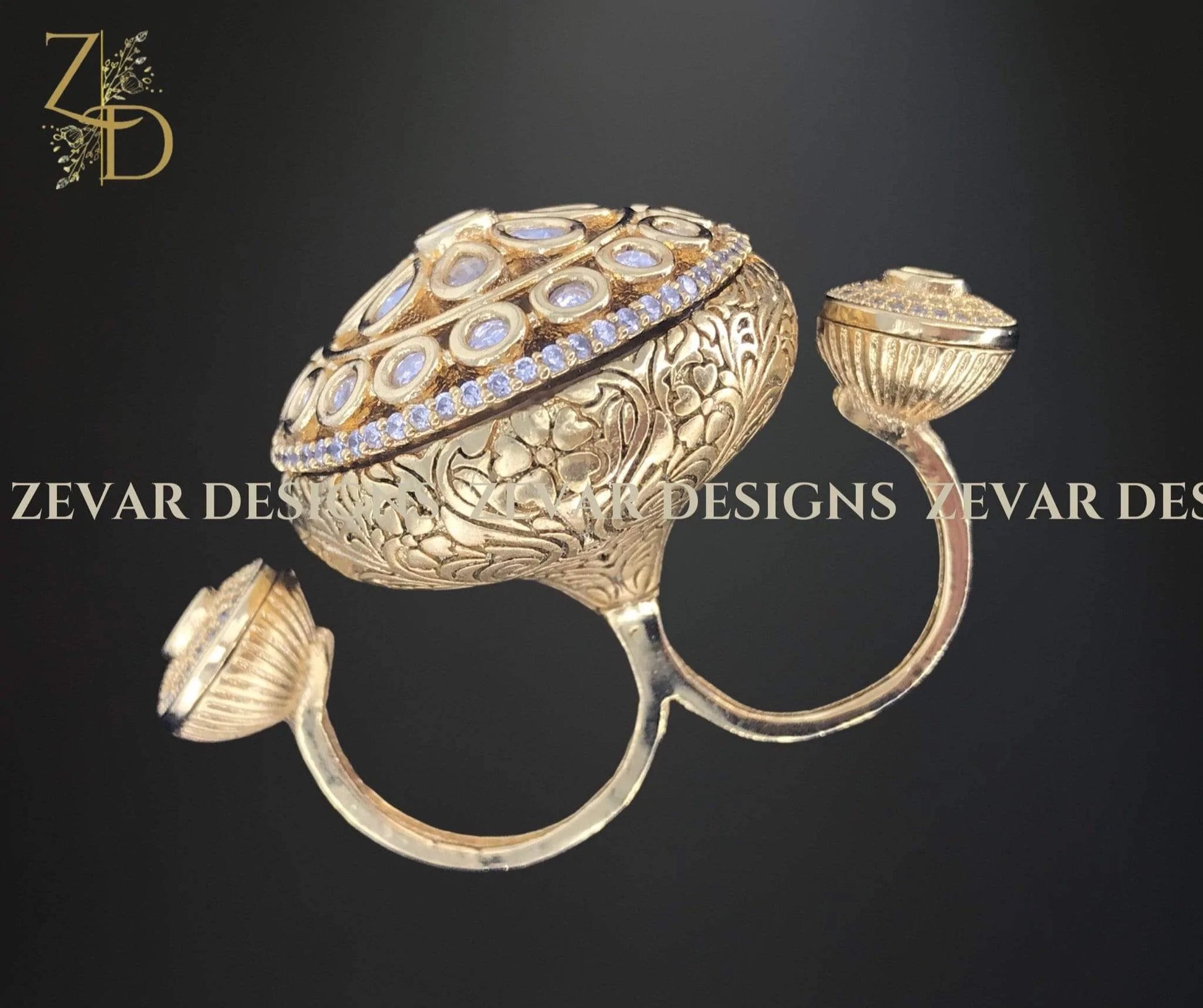 Zevar Designs Kundan Rings Designer Kundan Meena Double Ring - Grey