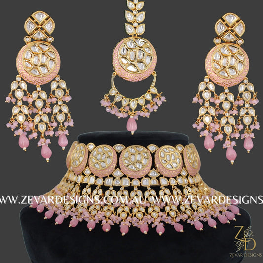 Zevar Designs Designer Necklace Sets Designer Kundan Polki Necklace Set - Gold and Pink