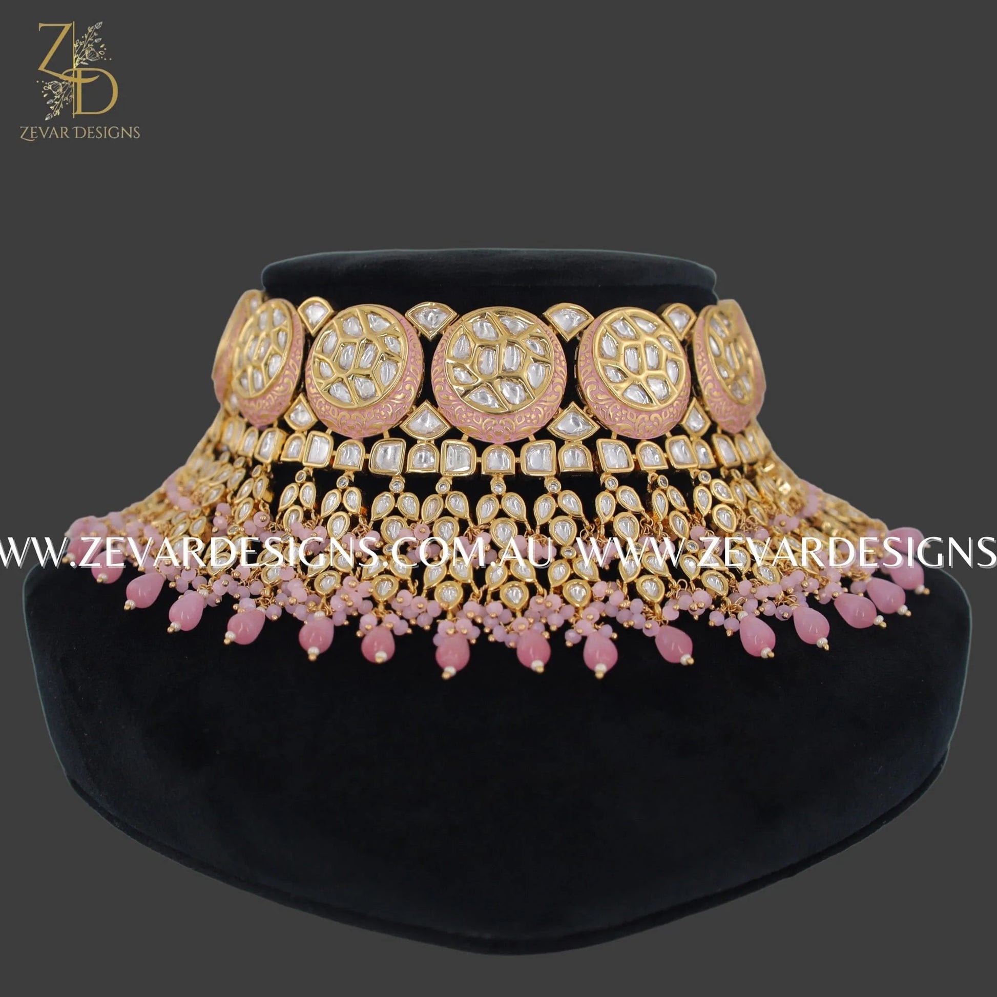 Designer Kundan Polki Necklace Set Gold and Pink Zevar Designs