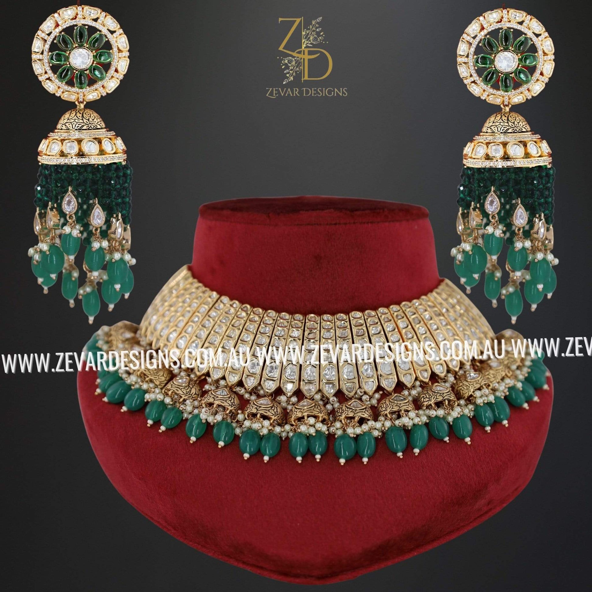 Zevar Designs Designer Necklace Sets Designer Kundan Polki Necklace Set - Green and Rose Gold