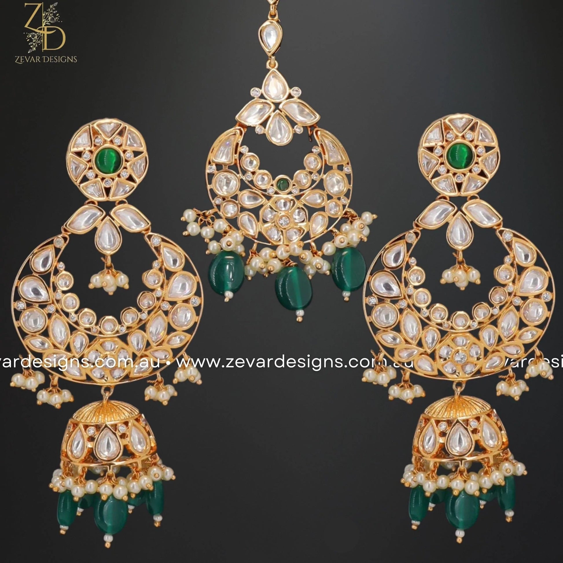 Zevar Designs Designer Necklace Sets Designer Kundan Polki Necklace Set with Tikka - Green